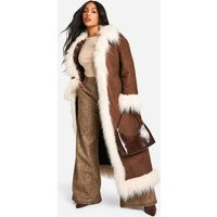 Womens Plus Faux Fur Trim Suedette Coat - Brown - 20 | boohoo (US & Canada)