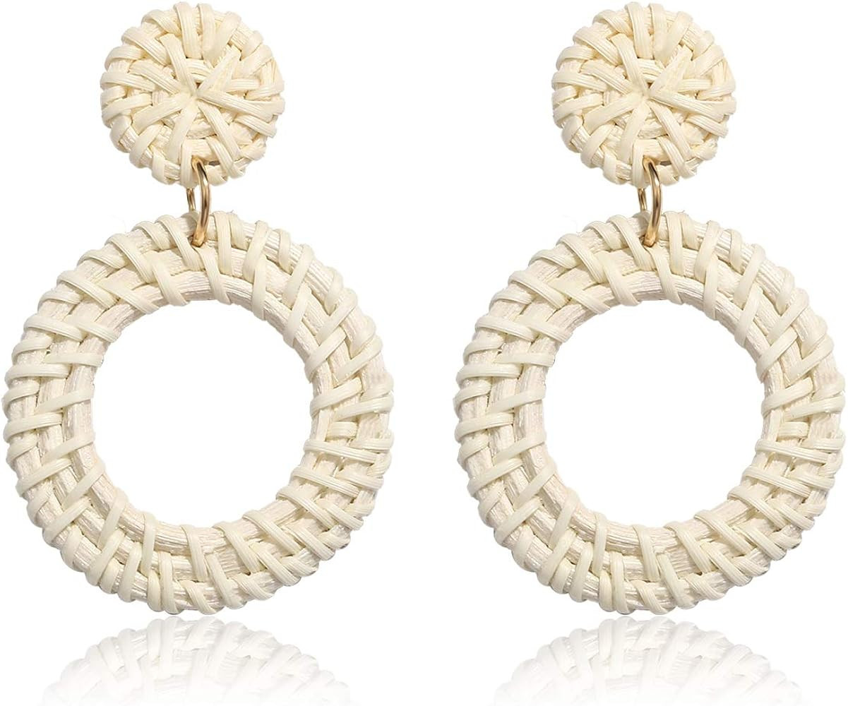 Woven Rattan Earrings Boho Colored Straw Wicker Braid Drop Dangle Earrings Handmade Circle Hoop E... | Amazon (US)