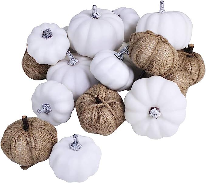 Artificial White Pumpkins and Burlap Pumpkins Assorted Faux Harvest Pumpkins for Fall Wedding Tha... | Amazon (US)