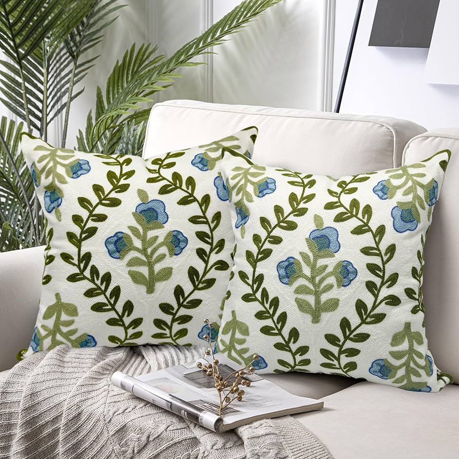 Alysheer Flower Embroidered Farmhouse Decorative Throw Pillow Cover 18"x 18" Set of 2, Cottage Fl... | Amazon (US)