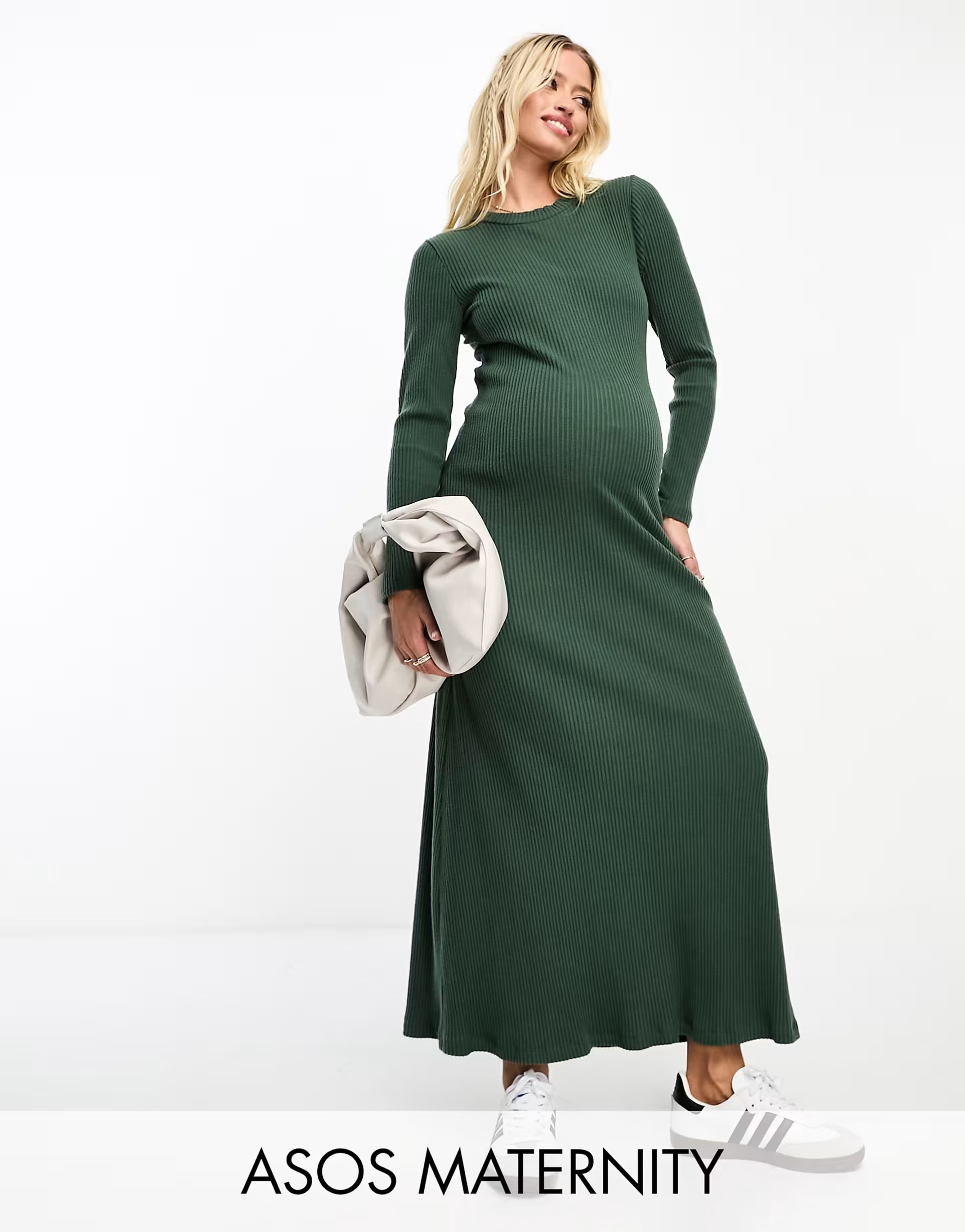 ASOS DESIGN Maternity super soft rib crew neck midi dress with long sleeve in green | ASOS (Global)