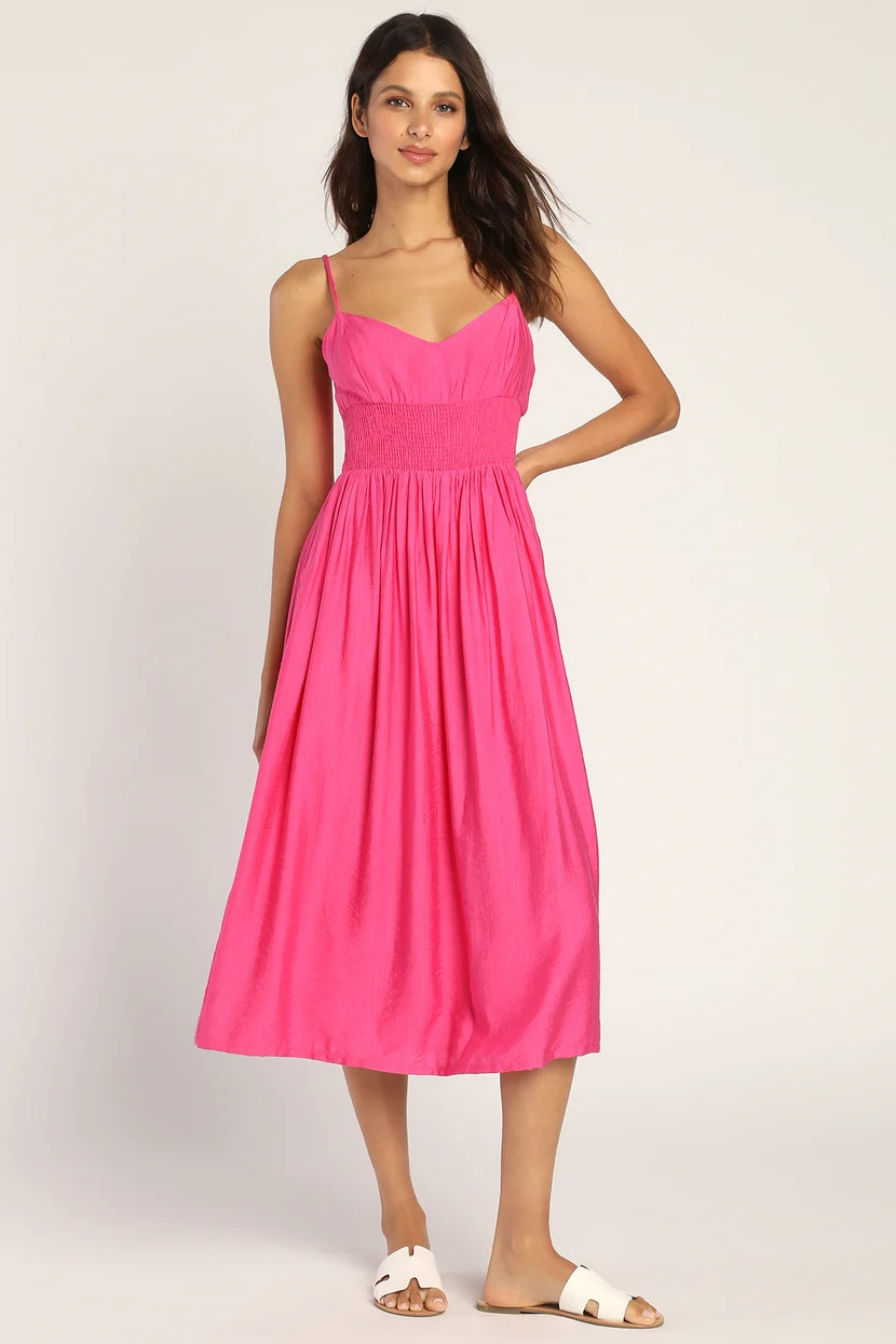Full Heart Hot Pink Smocked Midi Dress | Lulus (US)