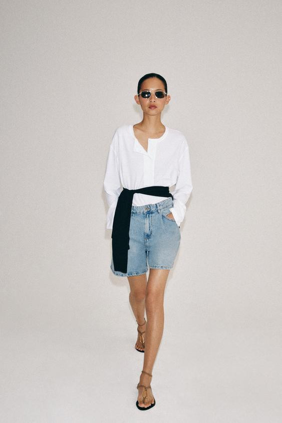 Zara - Zw Collection High-Waist Denim Shorts - Light Blue - 12 - Woman | Zara UK