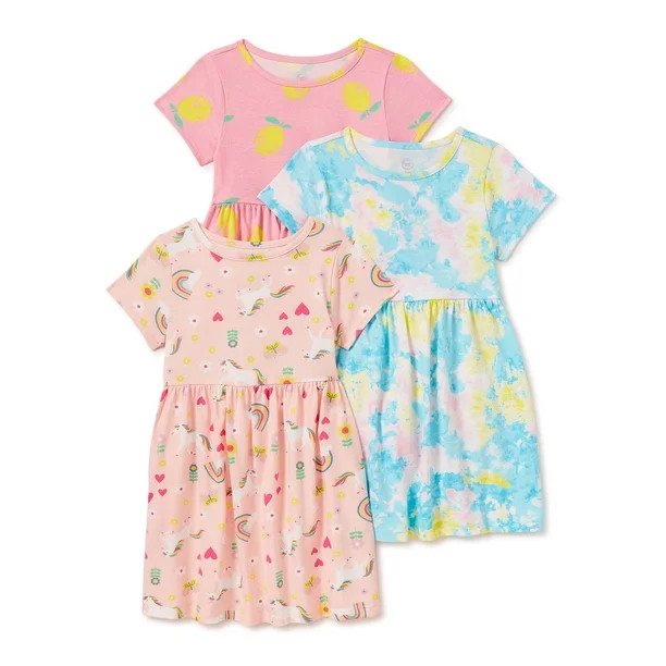 Wonder Nation Baby & Toddler Girls Organic Cotton Short Sleeve Knit Play Dresses with Pockets, 3-... | Walmart (US)