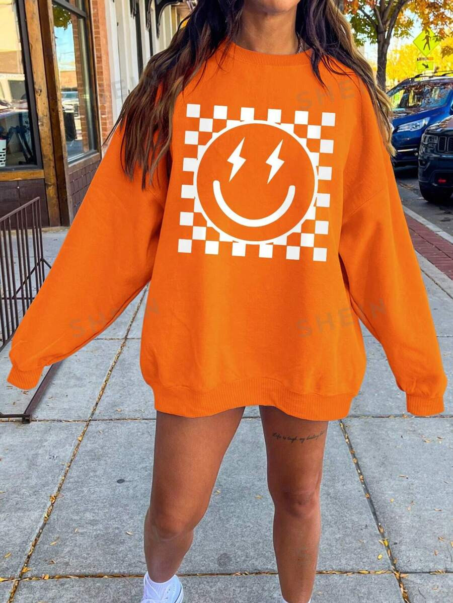 SHEIN EZwear Women's Casual Checkered Printed Fleece Sweatshirt | SHEIN