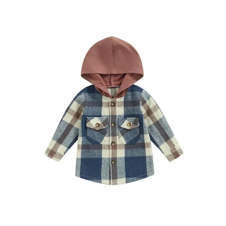 Bagilaanoe Toddler Baby Boy Hooded Jacket Plaid Long Sleeve Single-Breasted Shacket Coat with Poc... | Walmart (US)