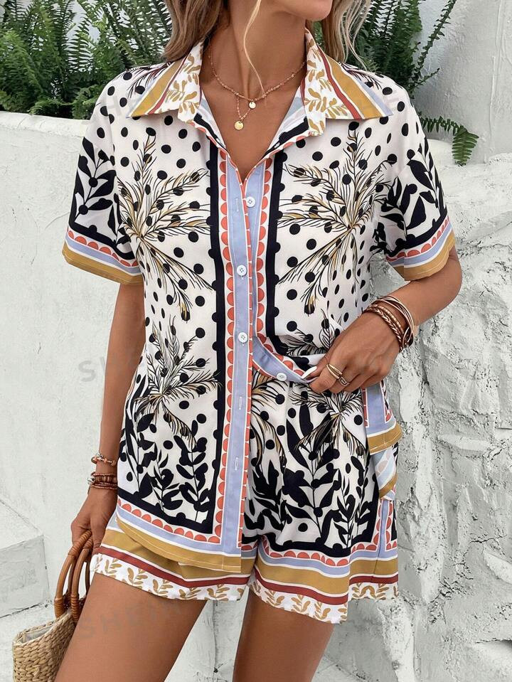SHEIN VCAY Tropical Print Blouse & Shorts | SHEIN
