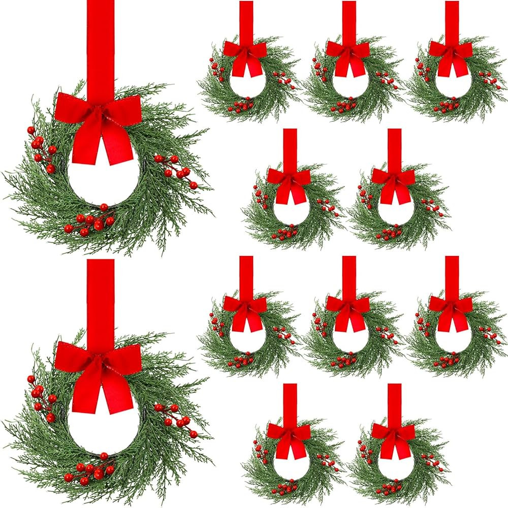 12 Pcs 9'' Small Christmas Kitchen Cabinet Wreaths with Plaid Bow Ribbon Mini Hanging Christmas W... | Amazon (US)