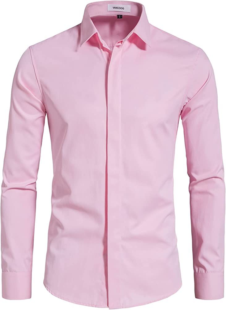 VANCOOG Men’s Long Sleeve Casual Solid Fancy Dress Shirts | Amazon (US)