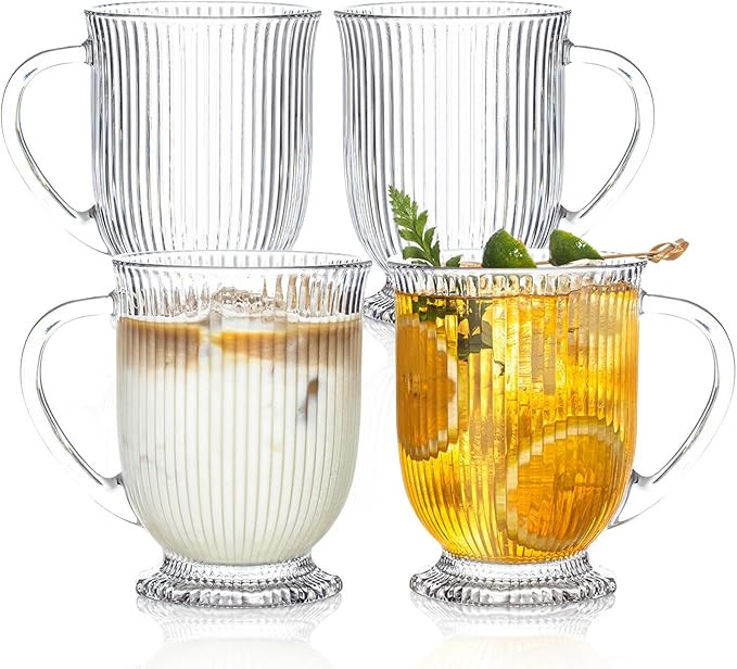 Glass Coffee Mugs Set of 4, Ribbed Large Coffee Mug 16 Oz With Handles for Hot Beverages, Clear M... | Amazon (US)
