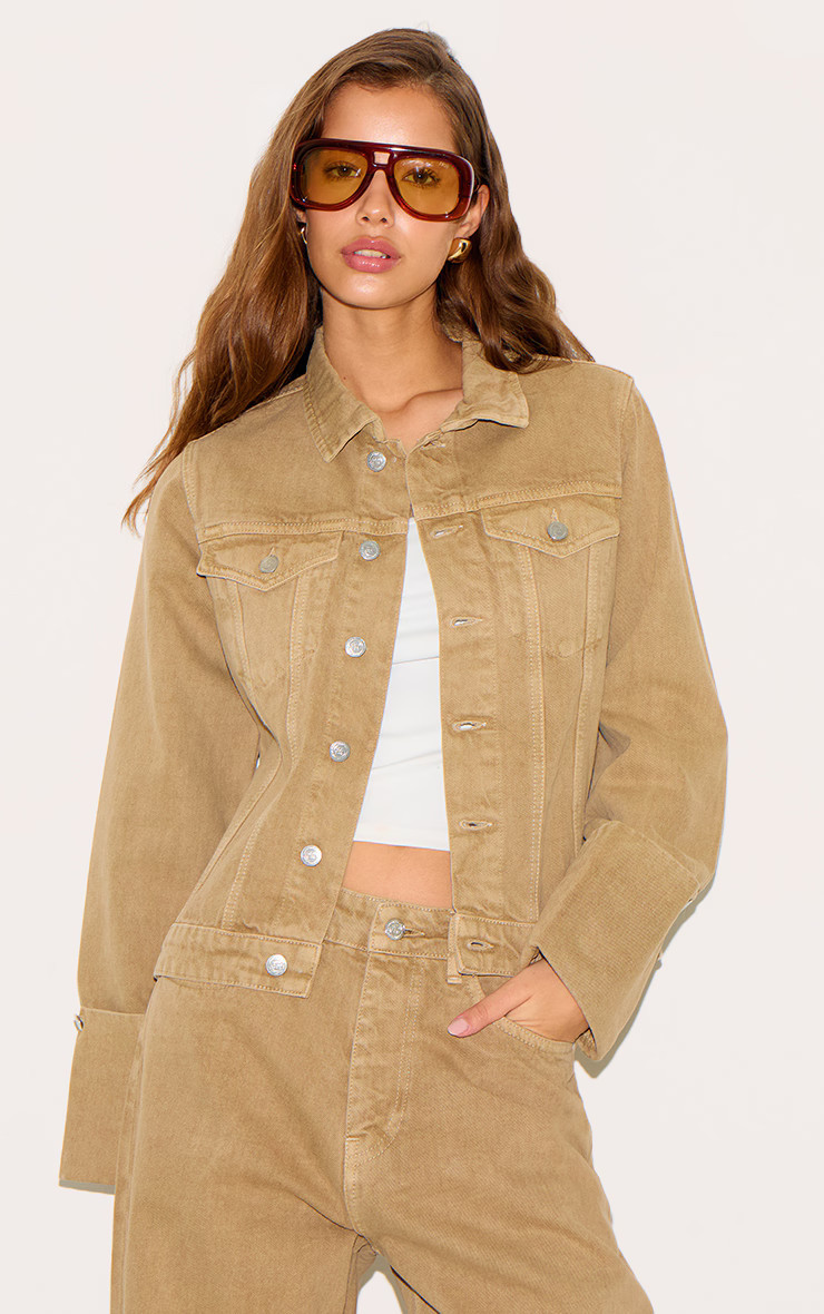 Washed Khaki Turn Up Cuff Cinched Back Denim Jacket | PrettyLittleThing US