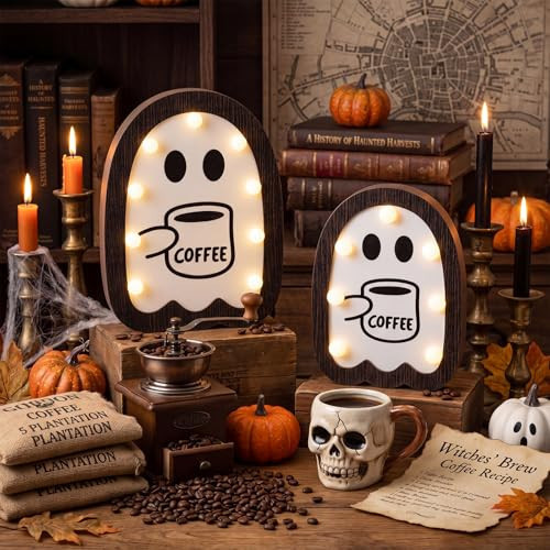 Bucherry 2 Pcs Halloween Table Decor Light up Coffee Ghost Wooden Sign | Amazon (US)