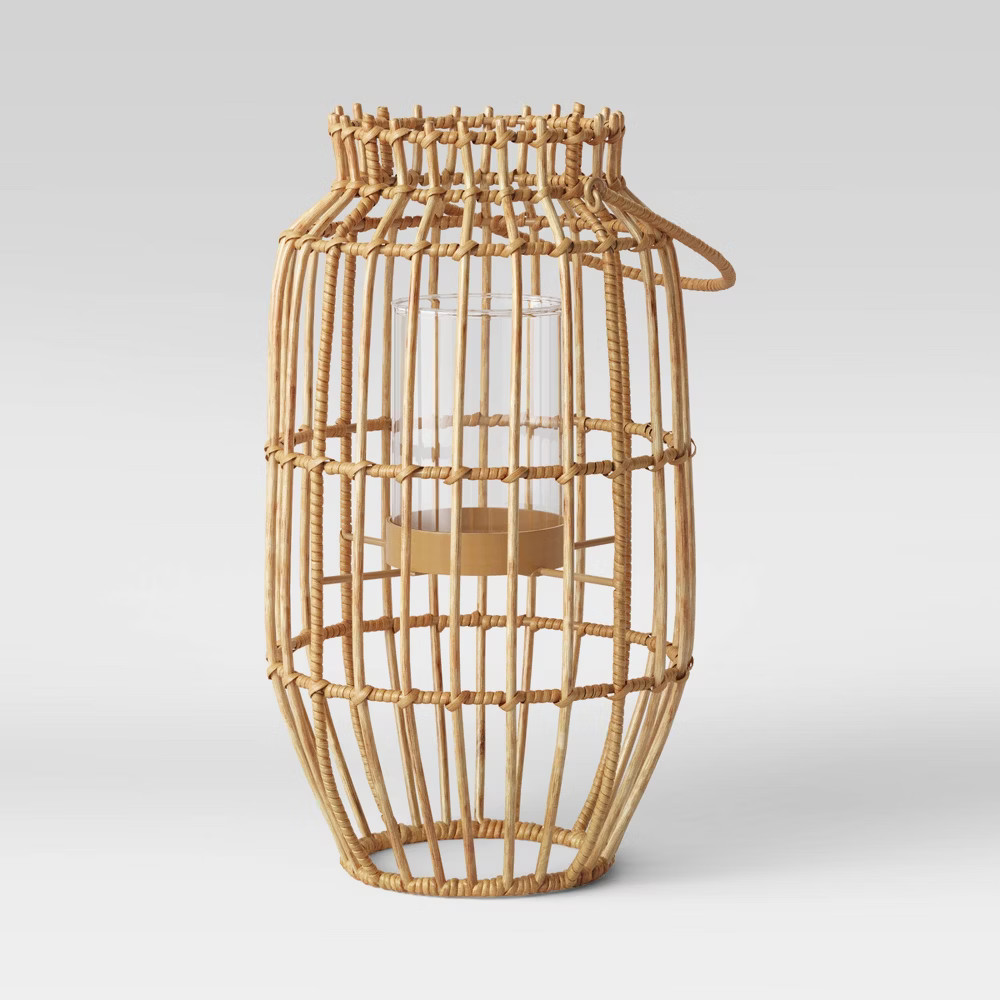 18"" x 10"" Linear Rattan Candle Holder Lantern with Glass Insert Natural - Opalhouse | Target