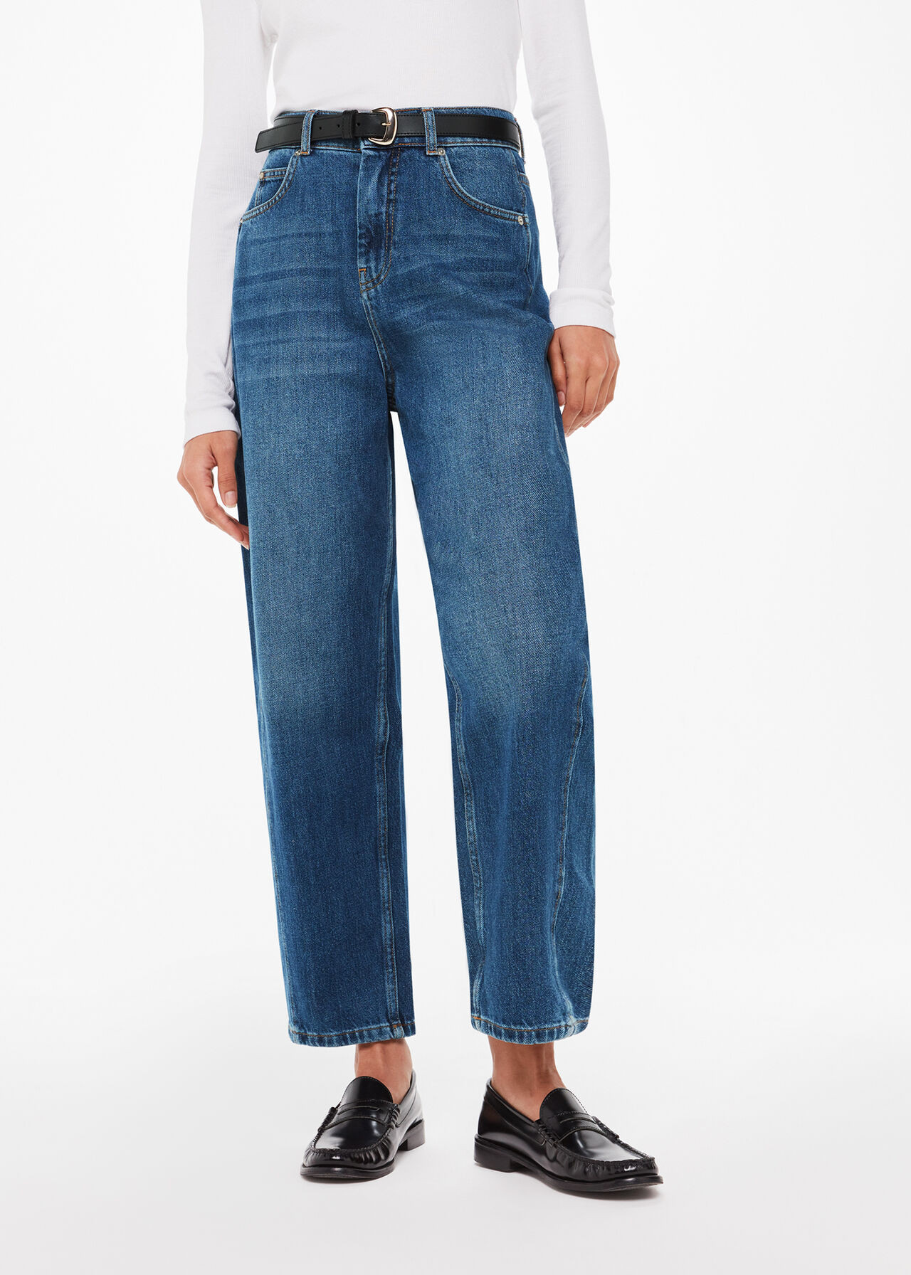 Denim Blue High-Waisted Barrel-Leg Jeans | Whistles | Whistles UK | | Whistles