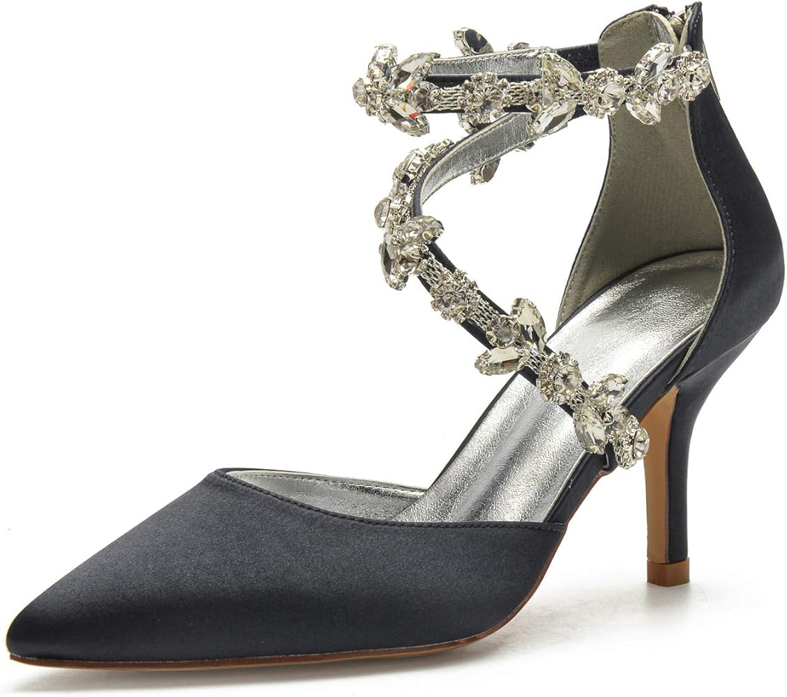 Anna's Bridal Women's Pointed Toe High Heels Pumps Ankle Strap Rhinestones Satin Heels Wedding Sh... | Amazon (US)