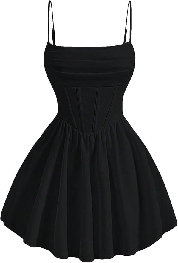 SHENHE Women's Ruched Corset Dress Spaghetti Strap Fit and Flare Flowy Skater Mini Cami Dress | Amazon (US)