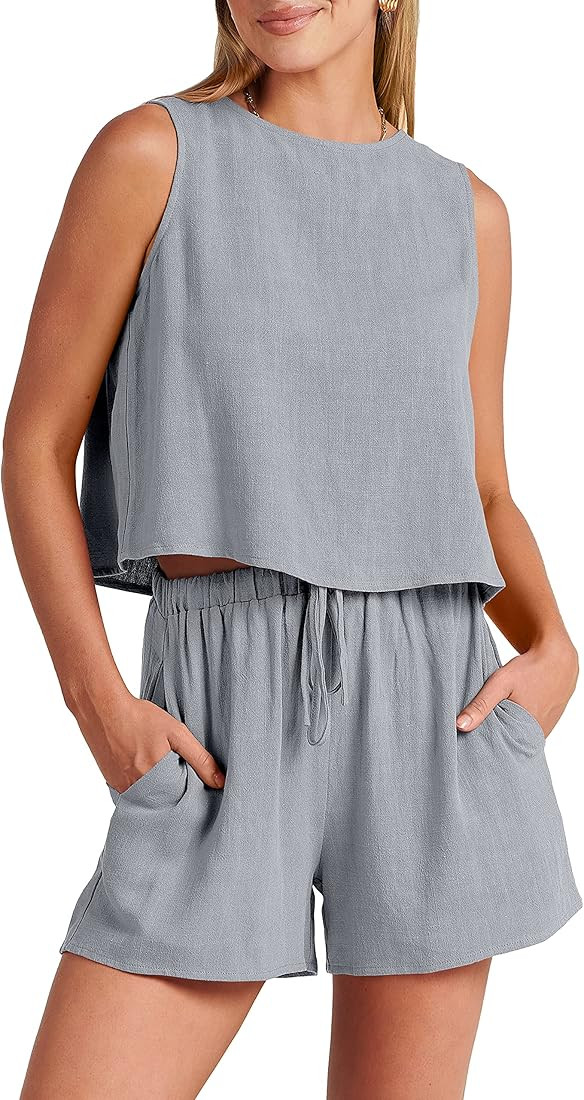 ANRABESS Women’s Summer 2 Piece Outfits Shorts Sets Sleeveless Crop Top and Shorts Romper with ... | Amazon (US)