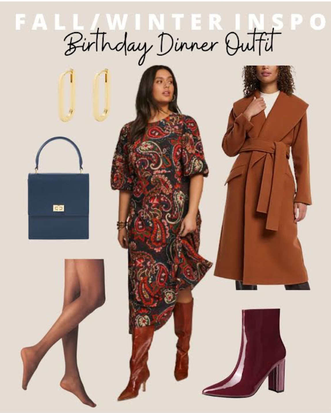 Fall/Winter Outfit Inspo: business casual. Paisley dress, wool overcoat under $100, maroon booties, gold oval hoop earrings, brown sheer tights, teal handbag

#LTKcurves #LTKworkwear #LTKSeasonal