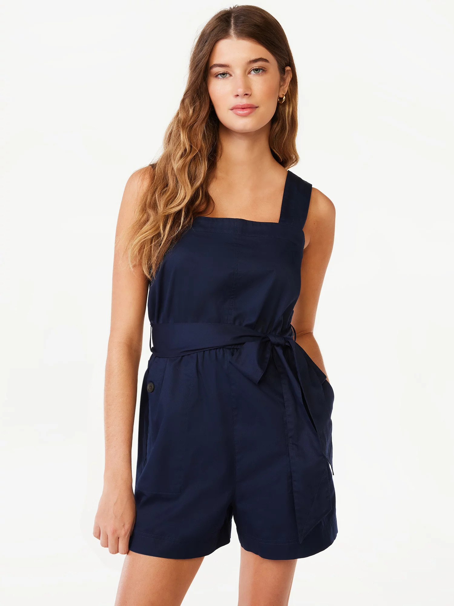 Free Assembly Women's Sleeveless Square Neck Romper with Belt | Walmart (US)