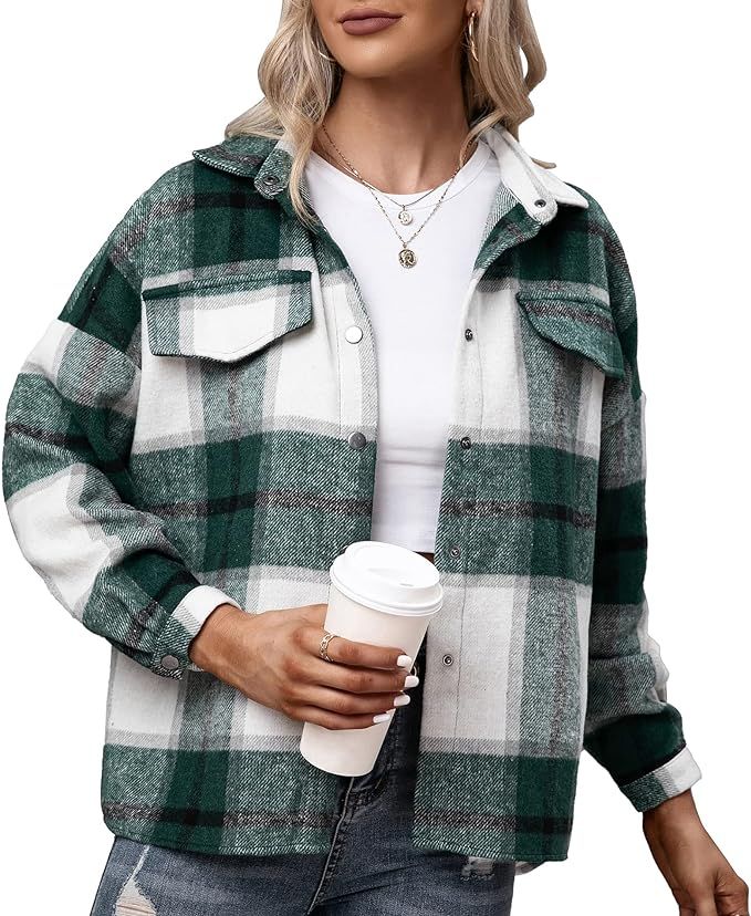 Plaid Shacket Jacket Flannel Jacket Women Button Down Wool Blend Fall Flannel Shirt Jacket Sleeve... | Amazon (US)