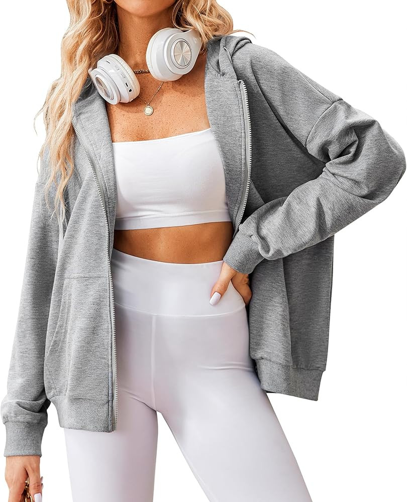 Zeagoo Women's Lightweight Hoodies Full Zip Up Oversized Sweatshirts with Pockets Long Sleeve Thi... | Amazon (US)