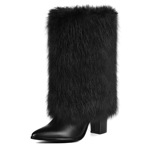 QLR Womens 3.3-inch Chunky Mid Calf Fur Heel Boots Furry Fuzzy Fluffy Pointed Toe Boots for Women Short Wide Calf Fall Winter Snow Fold Over Boot with Side Zipper | Amazon (US)