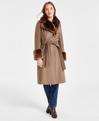 Women's Faux-Fur-Trim Belted Wrap Coat | Macy's
