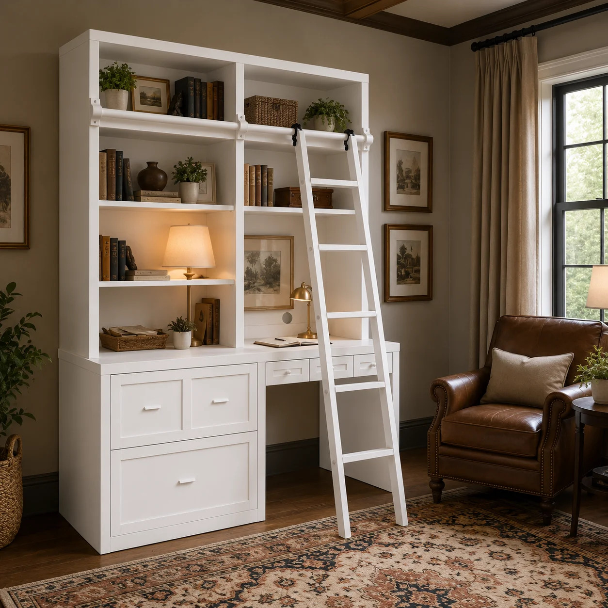 Pierce 86.6'' H X 77.2" W White Desk Bookcase With Solid Wood Ladder, Open Shelves, Storage Drawe... | Wayfair North America