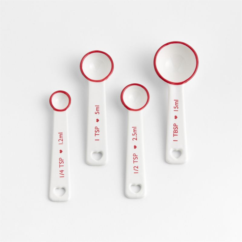 Red Rim Heart Handle Ceramic Measuring Spoons, Set of 4 | Crate & Barrel | Crate & Barrel