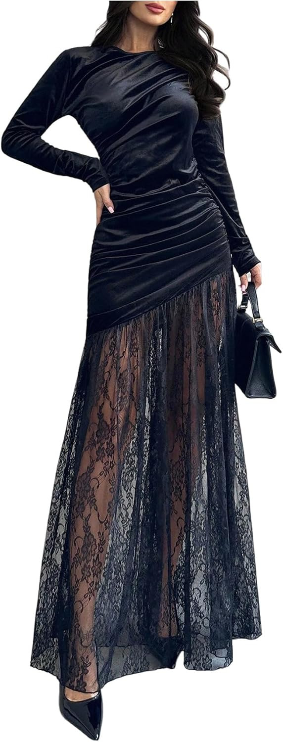 SweatyRocks Women's Velvet Lace Patchwork Ruched Maxi Dress Elegant Long Sleeve Ruffle Hem Long Party Dresses | Amazon (US)