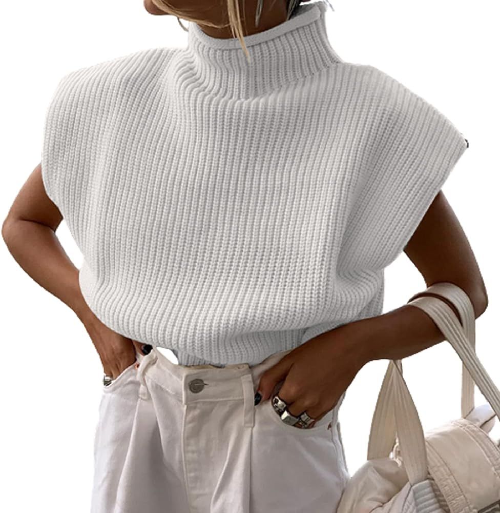 Women Shoulder Pad Sweater Top Sleeveless Turtleneck Pullover Vest Wide Shoulder Knitted Jumper T... | Amazon (US)