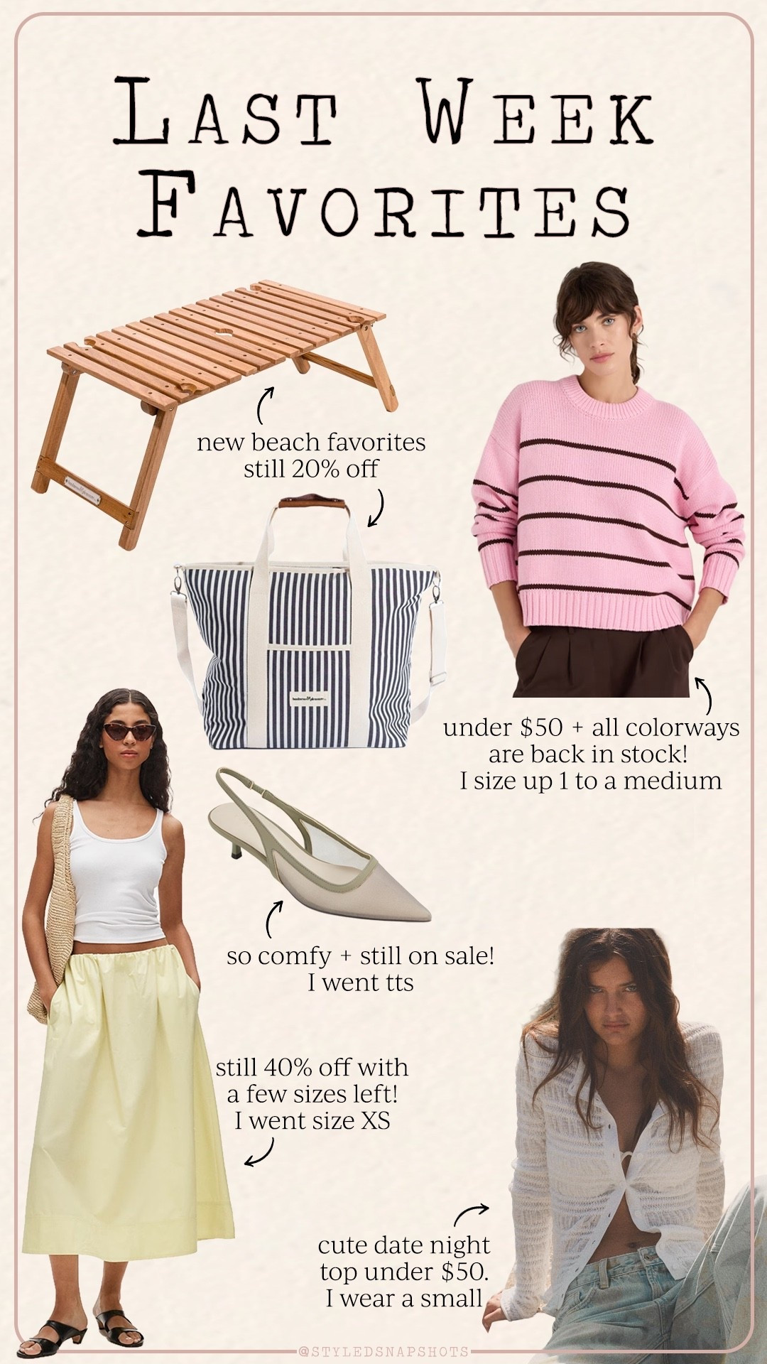 Last week follower favorites 
-beach favorites still 20% off! fold up picnic table can hold wine glasses and an umbrella 
-striped cotton sweater under $50 // size medium 
-comfy kitten heels 20% off // tts 
-fun skirt for summer 40% off // size XS 
-fun date night top under $50 // small,tts