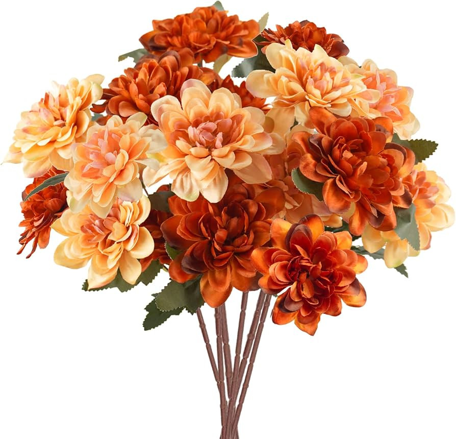 6Pcs Artificial Fall Flowers, 18 Heads Silk Fake Mums Flowers Faux Chrysanthemum Orange Flowers f... | Amazon (US)