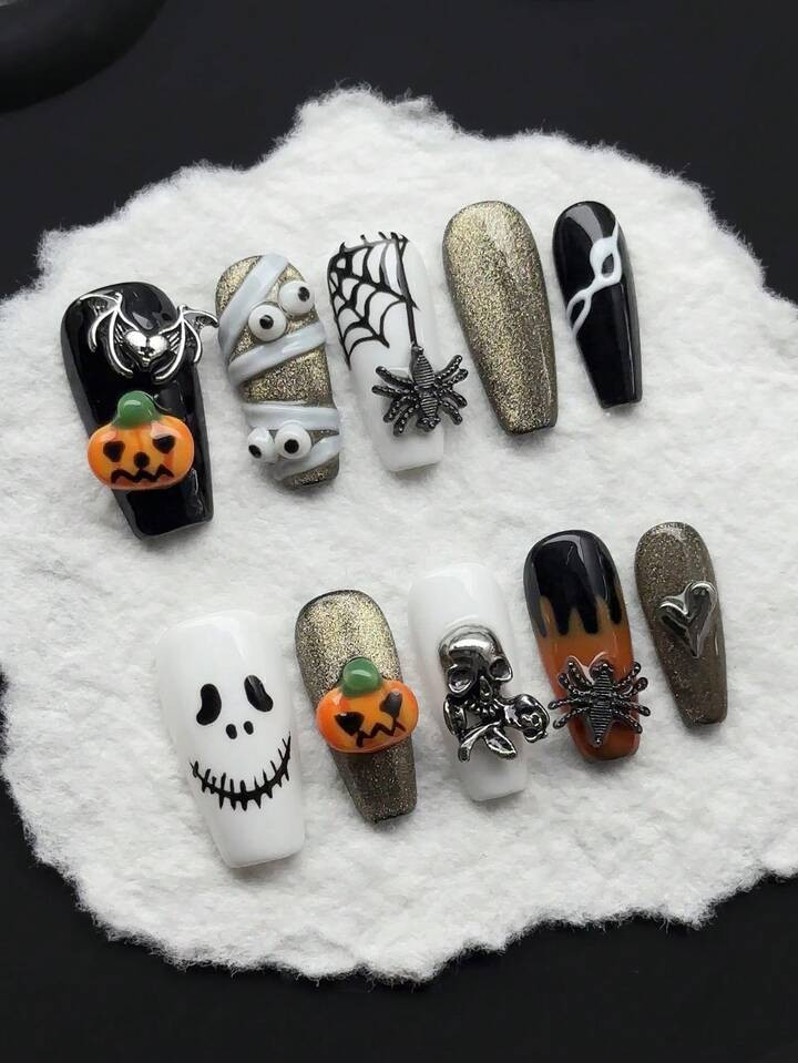 10pcs/Set Handmade Acrylic Press On Nails Mid-Length Coffin-Shaped Nails,Halloween Nails , Gothic Style Nails,Punk Nails,Ghoul Zombie Bandaged ,Metal Spider; Skull; Bat, Hand-Carved Pumpkin Lantern; , Spider Web, Ghost Face, Fake Nails,Detachable Fake Nails, Nail Supplies Nail Art,Suitable For Party, Dance, Daily Wear, Student Party, Press-On And Reusable, With Jelly Glue And Nail File DIY Nail Supplies | SHEIN