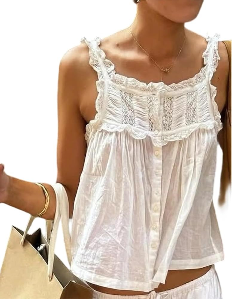 Women Y2K Lace Trim Tank Top Sleeveless Solid Color Tie Up Button Front Crop Top Summer Streetwea... | Amazon (US)