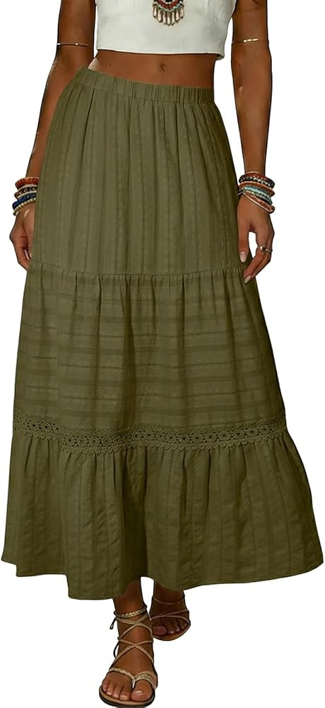 BLENCOT Long Skirts for Women Boho Crochet Lace High Waisted A-Line Cotton Tiered Maxi Skirt | Amazon (US)
