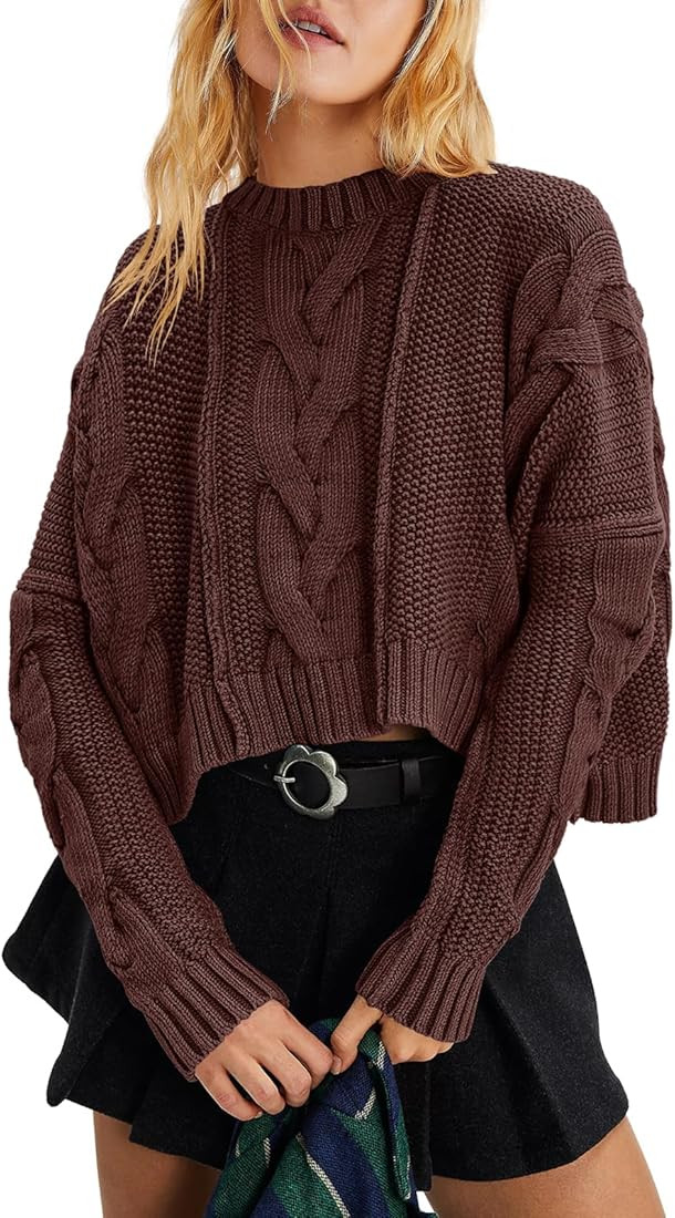 Panadila Womens Cropped Sweater Crew Neck Cable Knit Sweater Ribbed Long Sleeve Top Soft Boxy Pul... | Amazon (US)