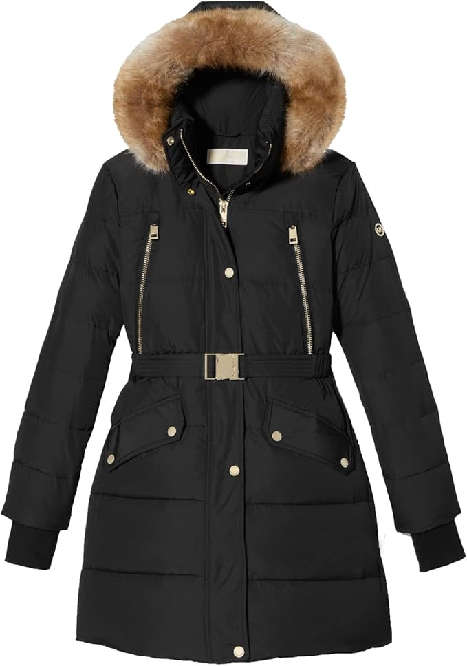 Michael Michael Kors Women's Black Down Belted Puffer Coat 3/4 Length | Amazon (US)