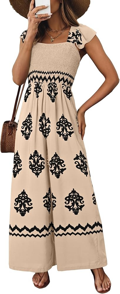 Happy Sailed Womens Summer Jumpsuits Printed Square Neck High Waisted Pockets Wide Leg Rompers Be... | Amazon (US)