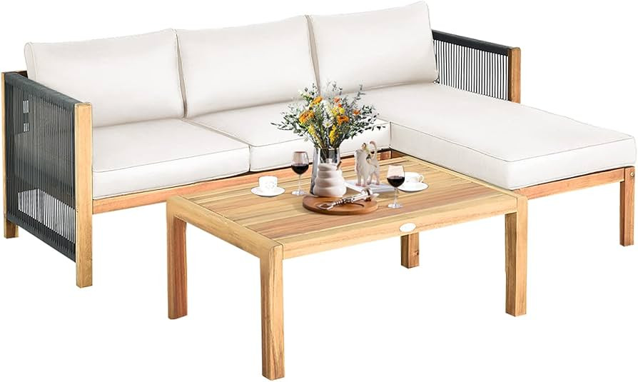 Tangkula L Shape Outdoor Furniture Set, 3 Piece Acacia Wood Patio Conversation Set, with 2 lovese... | Amazon (CA)