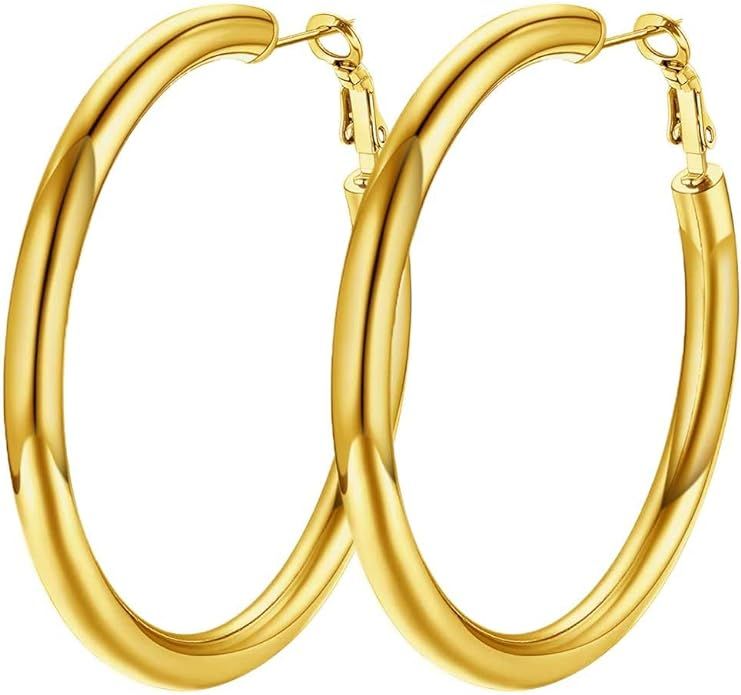 Classic Hoop Earrings for Women Stainless Steel/18K Gold Plated/Black Earrings, Chunky Hoops Earr... | Amazon (US)