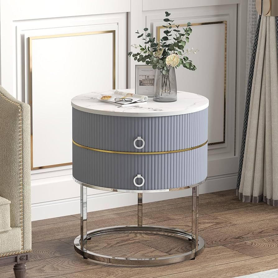 O&K FURNITURE Marble Round End Table with Storage, Modern Nightstand with 2 Drawers, Side Table f... | Amazon (US)