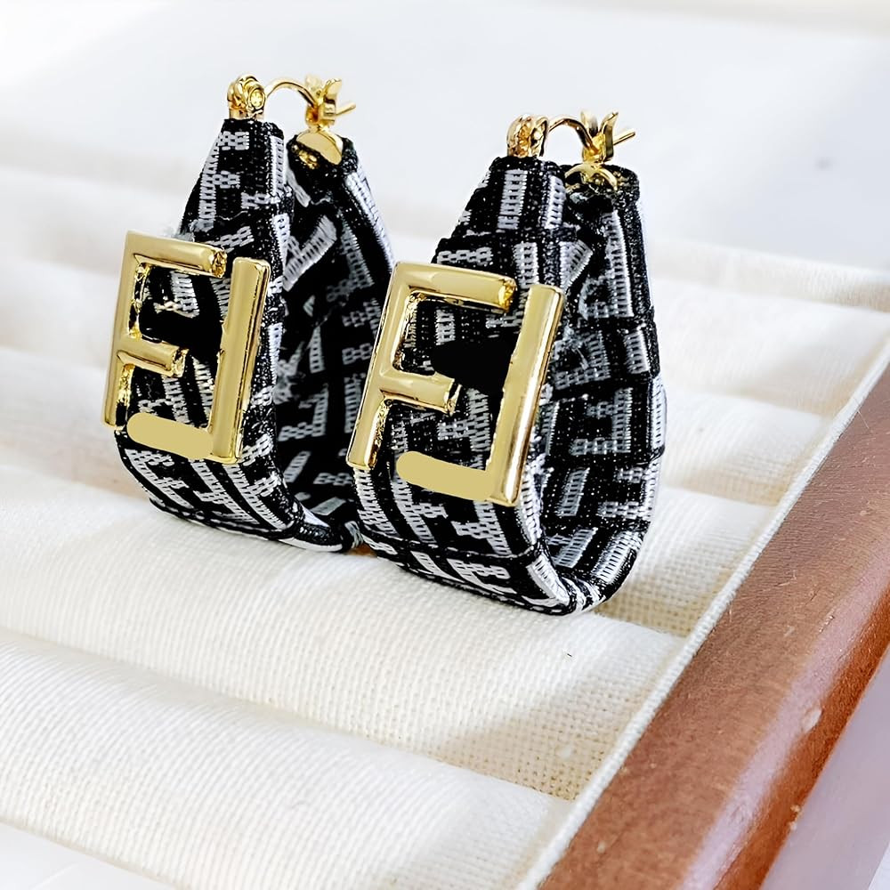 Chic Black and White Alphabet F Fabric Earrings for Women – Lightweight Gold-Plated Geometric D... | Amazon (US)