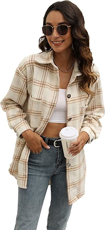 Qiaomai Women's Casual Loose Plaid Lapel Button Up Short Brushed Shacket Blouse Top Coat | Amazon (US)