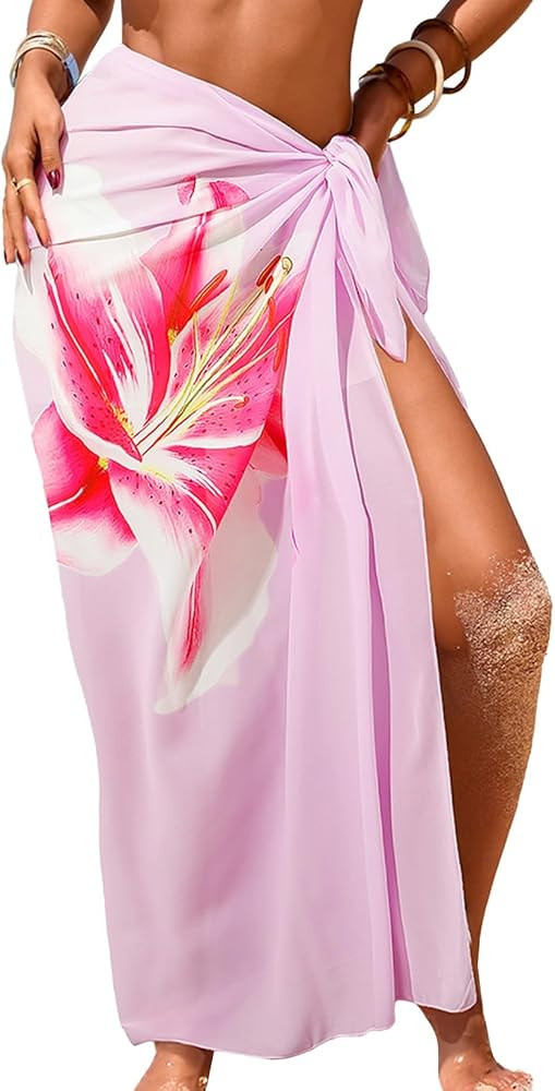 Herseas Women Sheer Sarong High Slit One Size Swimsuit Coverups 2026 Summer Floral Print Chiffon ... | Amazon (US)
