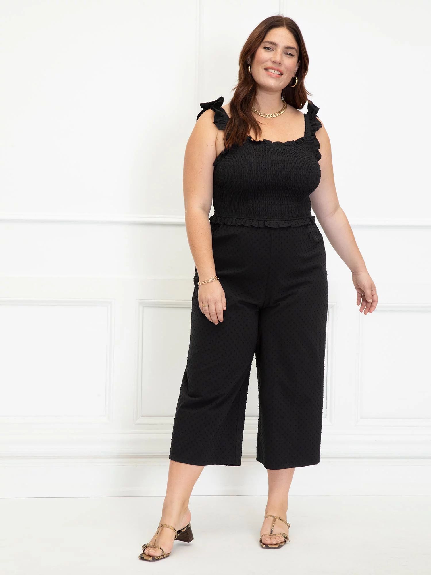 ELOQUII Elements Women's Plus Size Ruffle Shoulder Loop Smocked Bodice Jumpsuit - Walmart.com | Walmart (US)