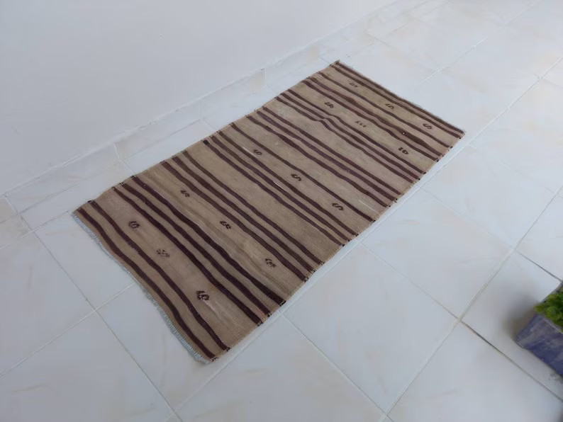 Vintage Turkish Kilim Runner Rug: Neutral Striped Wool, 2.1 X 4.1 Ft - Etsy | Etsy (US)