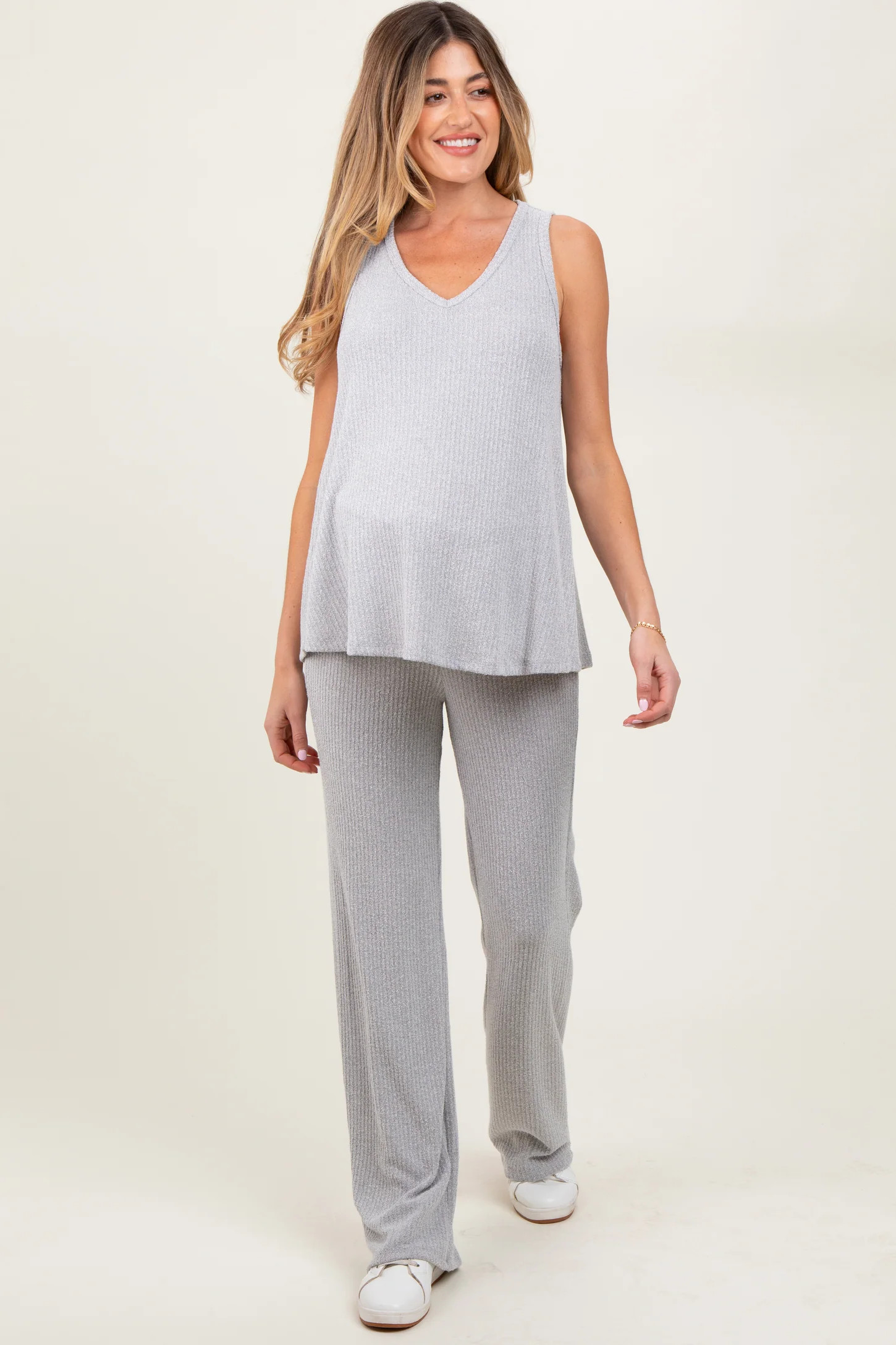 Beige Rib Knit Tank and Pant Maternity Set | PinkBlush Maternity