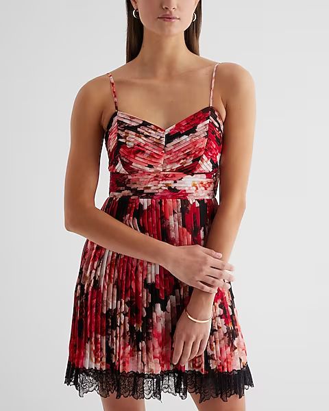 Floral V-Neck Pleated Lace Trim Mini Dress | Express