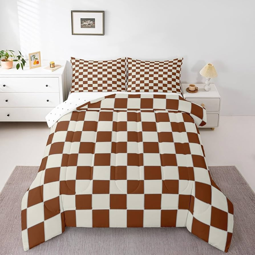 Erosebridal Plaid Comforter Set Toddler Beige Caramel Brown Checkerboard Quilt Set Geometric Chec... | Amazon (US)